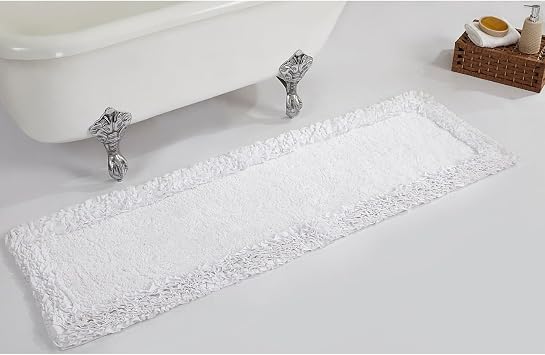 Better Trends 100% Cotton 20x60 Long Runner Bath Mat Extra Soft Non-Slip Bath Rug Water Absorbent Washable for Bathroom Floor Tub Shower White Shaggy Border Collection Oeko-Tex Certified
