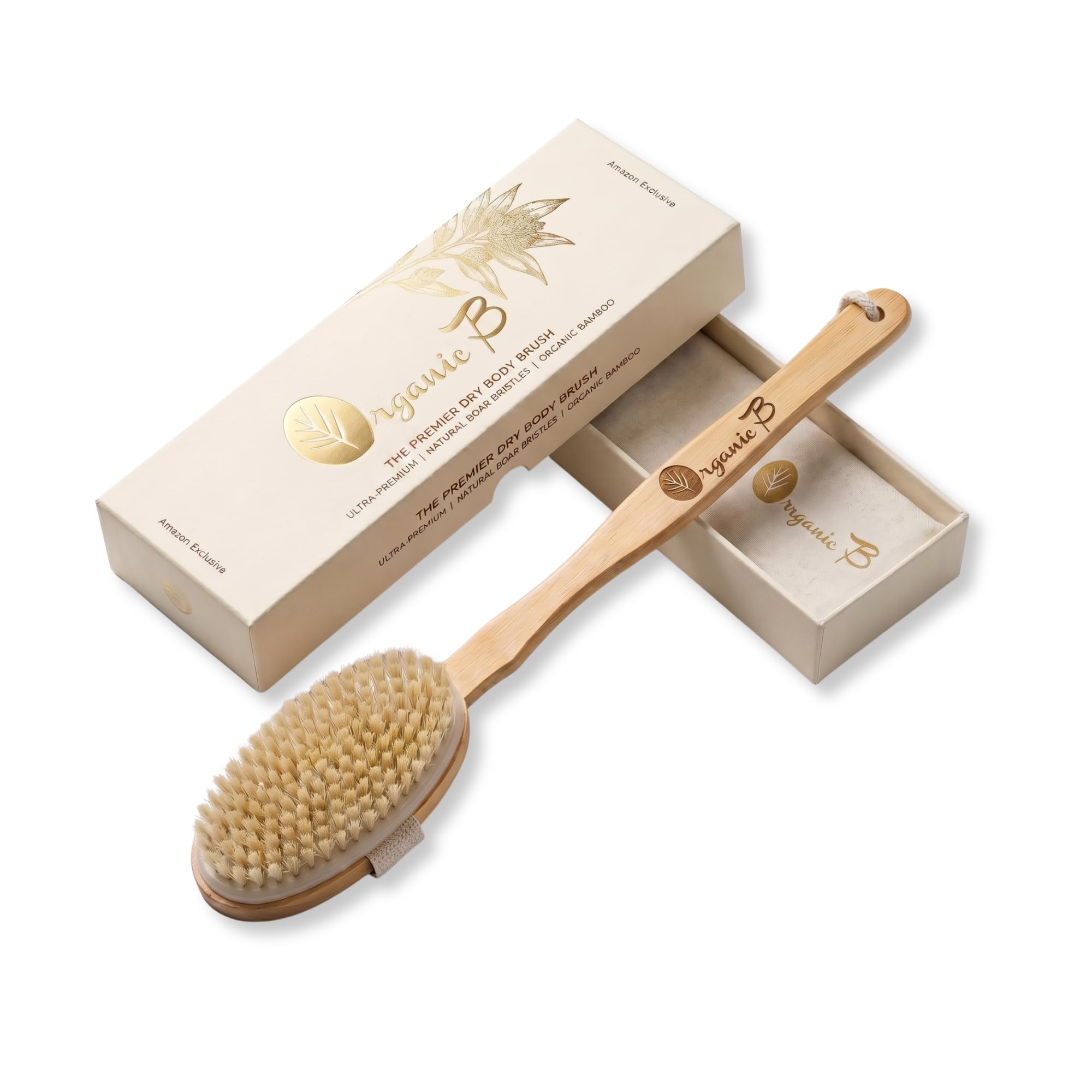 Organic B Wooden Body Brush – Long Removable Handle Back Brush for Bathing, Body Scrubber for Women and Men, Dry Brushing for Lymphatic Drainage, Natural Bathing Scrubber for Healthy Skin