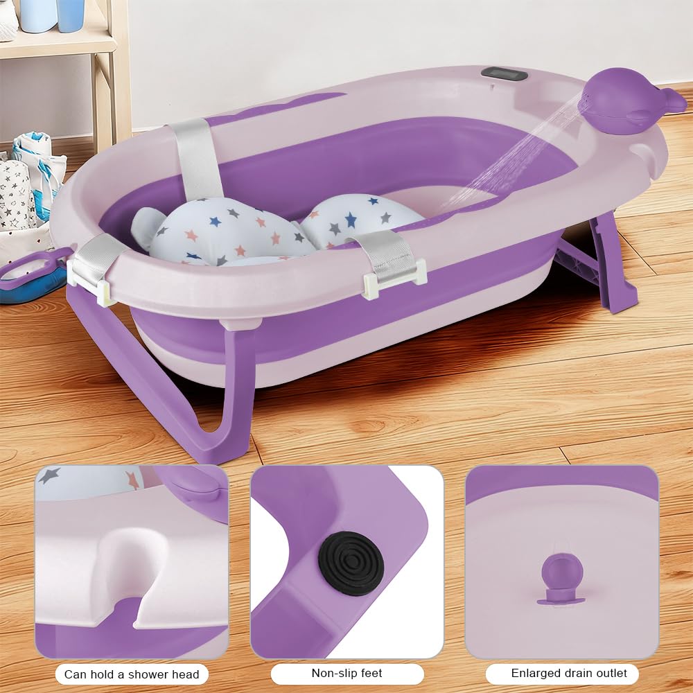 Bañera Bebé, con cojín, bañera plegable para bebés con termómetro digital, para bebés de 0 a 24 meses (morado - con soporte)