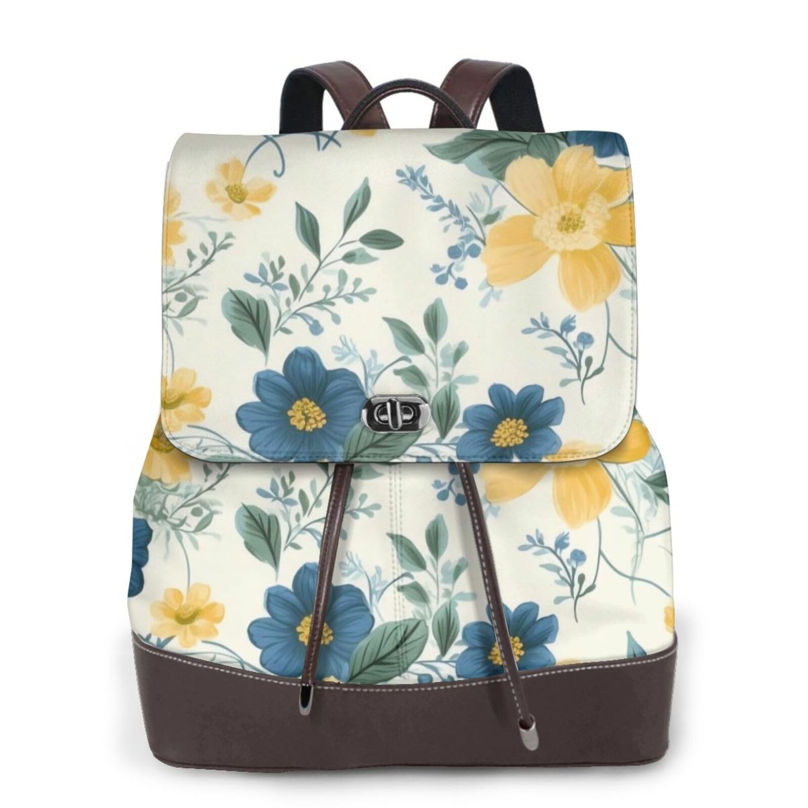 Wputy Women's Blue Flower Yellow Floral Pattern Print Backpack Large Capacity Pu Leather Diaper Bag Casual Daypack For School Travel Work