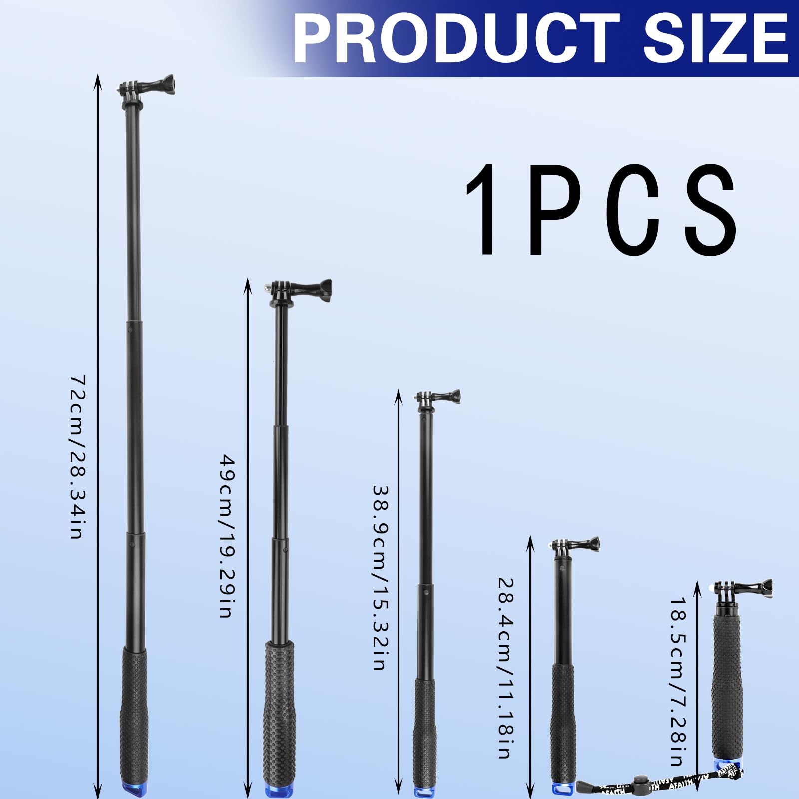 Stick per selfie GoPro, 36"/98 cm, impermeabile, allungabile per selfie stick 29-98 cm, asta monopiede in alluminio per GoPro Hero 8 9 10 11 12, per DJI Osmo Action, AKASO EK7000 (blu, 29 cm)