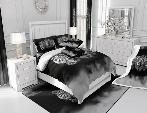 Miniatura 7 de Juego de edredón de animales salvajes, tamaño Queen, juego de ropa de cama 3D de tigre, león, leopardo, 3 piezas para niños y hombres, decoración