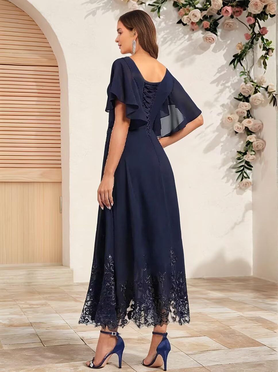 Tea Length Mother of The Bride Dresses for Wedding Lace Beaded Formal Evening Dress with Sleeves - Image 2