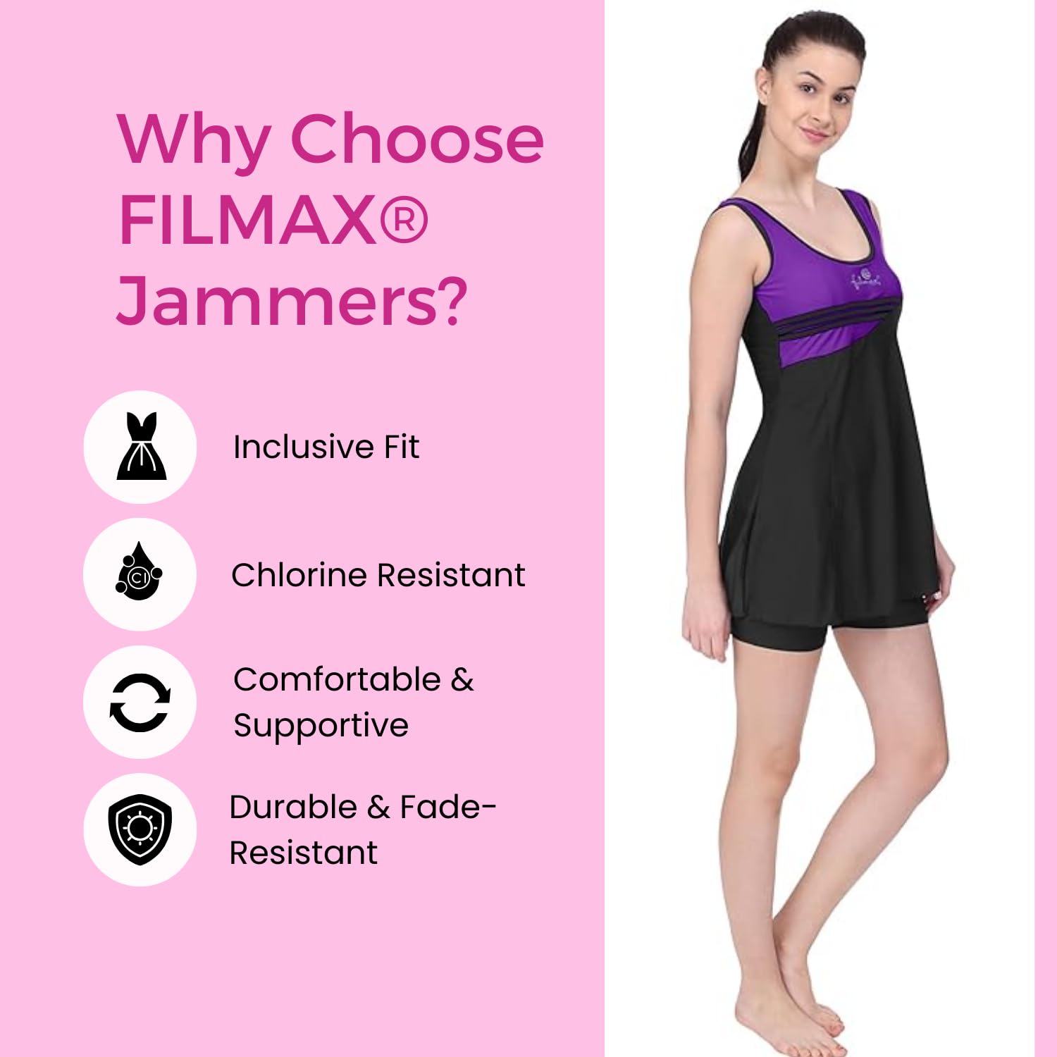 FILMAX® Originals Swimming Costume for Women's One-Piece Beach Wear Sleeveless with Skirted Boy Legs Jammer Swim Dress (Purple-Black_4XL) 3