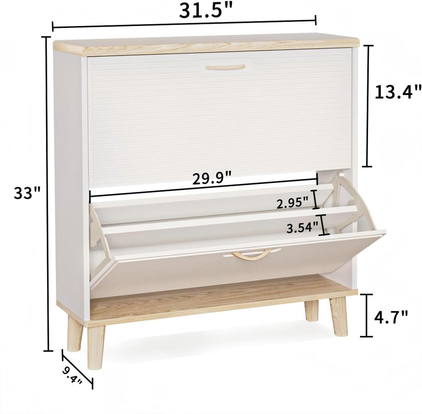 Shoe Storage Cabinet with 2 Flip Drawers, Narrow Shoe Rack Storage Modern Freestanding Shoe Organizer Cabinet with Solid Wood Legs for Entryway Hallways, White