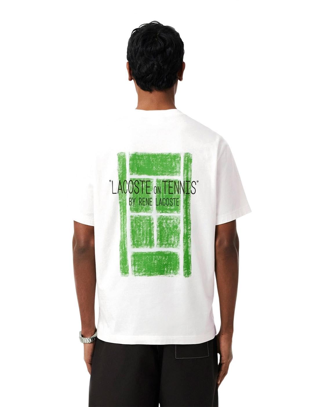 Lacoste Camiseta de Manga Corta para Hombre, Blanca, 100% Algodón, Estampado on Tennis, Cuello Redondo, Estilo Casual Deportivo