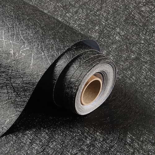 Kitico 17' x 118' Black Silk Wallpaper Peel and Stick, Embossed Textured Self Adhesive Wallpaper, Contact Paper Removable Waterproof Kitchen Vinyl Wrap Cabinet Furniture Textured Renter Friendly Wall