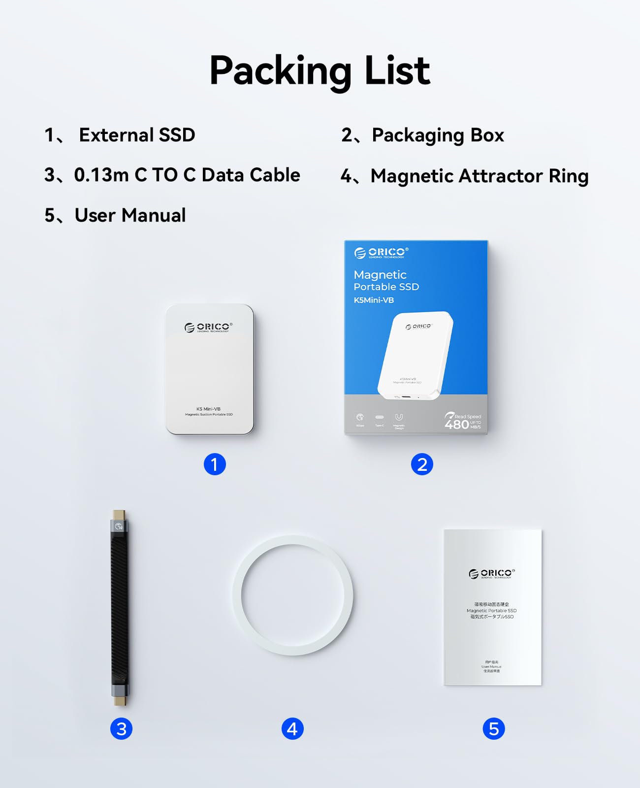 ORICO Magnetyczny zewnętrzny dysk SSD, 480 GB, stop aluminium, do 460 MB/s, zewnętrzny dysk SSD, rozszerzenie pamięci do iPhone 17 Pro Max, kompatybilny z MagSafe, smartfonami USB‑C – K5MINI