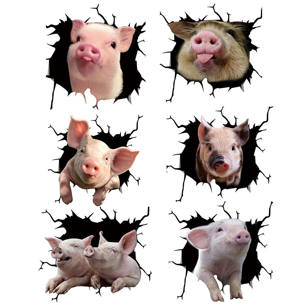 Dapuly 3D Pig Self-Adhesive Stickers, 6 Pieces, Multiple Styles Crack Stickers, Car Windscreen Vehicle Window Stickers, Waterproof Wall Stickers, Home Styling Decorations