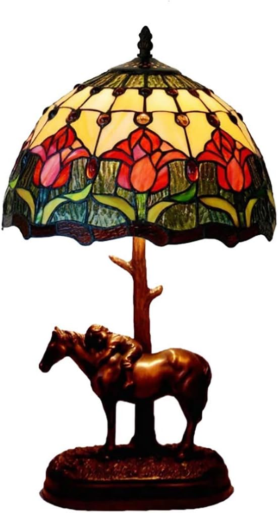 Tiffany Style Tulip Stained Glass Shade Table Lamp 12 Inch Antique Desk Lamp with Horse Carved Resin Base, Beside Living Room Bedroom Decor Lamp…