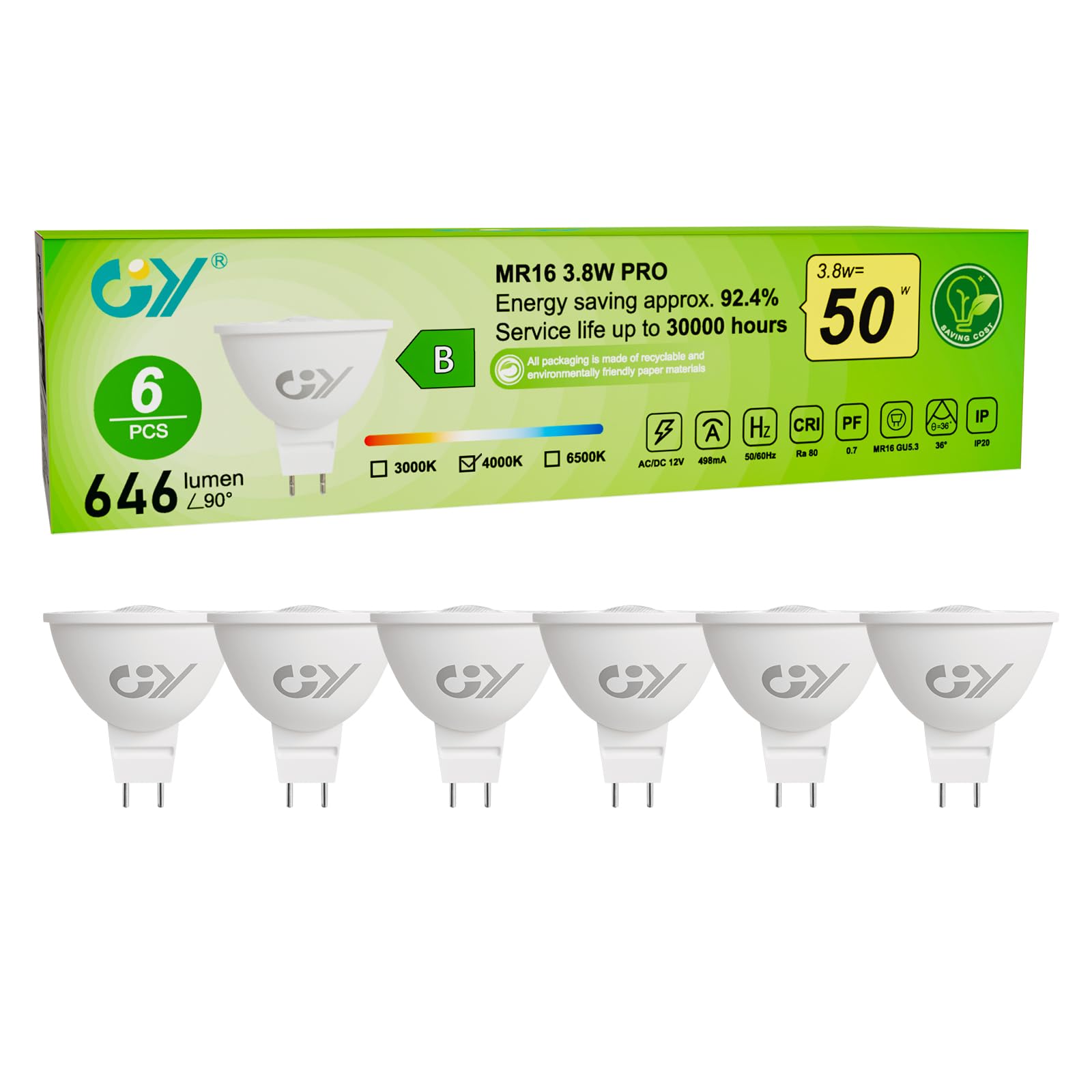 GY GU5.3 Class-B LED Bulbs MR16 3.8W 36° Angle LED Spot (Narrow Beam),12V 646LM 4000K Neutral White,Equivalent 50W, Energy Efficient, Non-Dimmable, No Flicker, Pack of 6