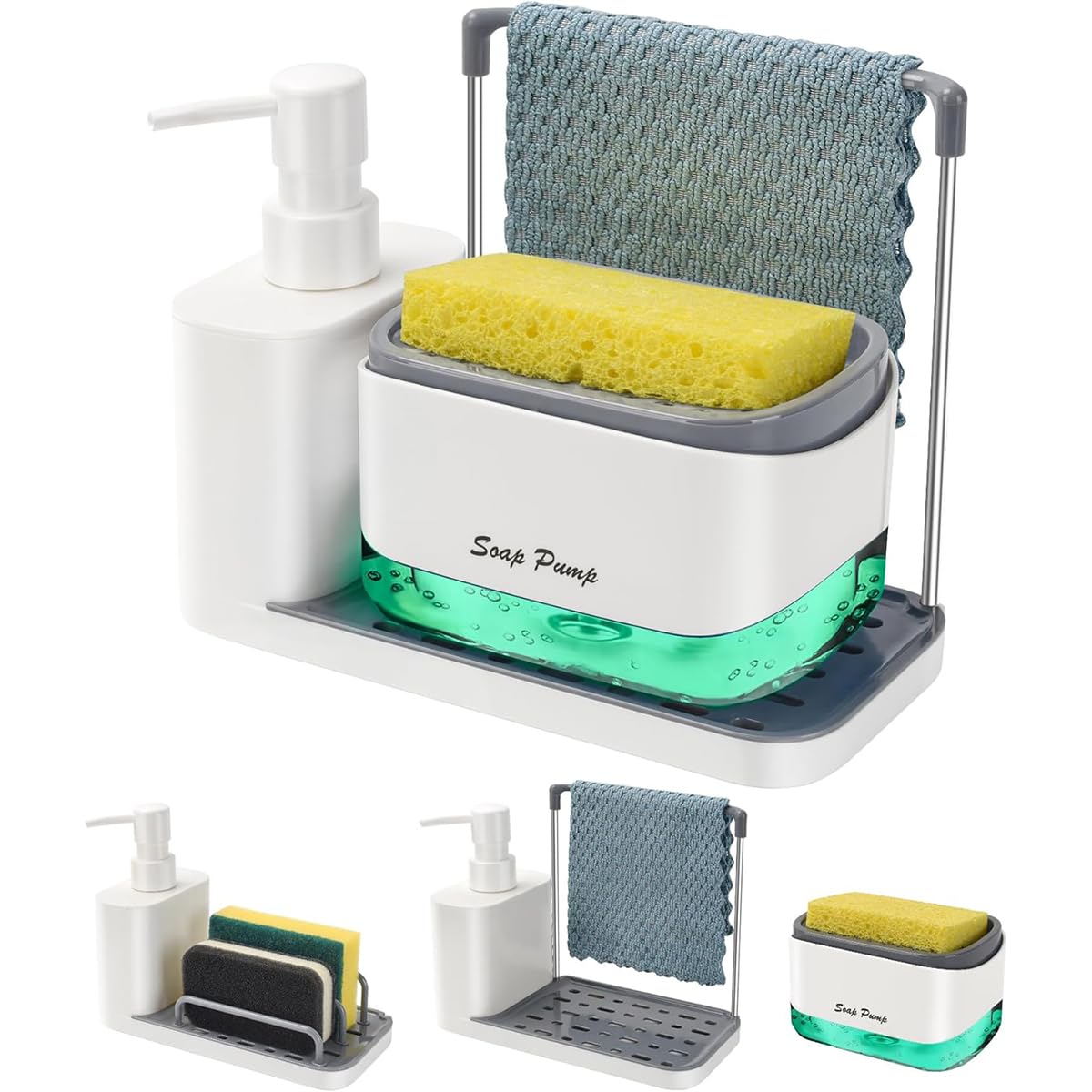Dual Soap Dispenser and Sponge Holder, 2-in-1 Kitchen Sink Organizer Caddy with Detachable Tray, Storage for Sponges, Scourers, and Dish Soap, Non-Slip Feet