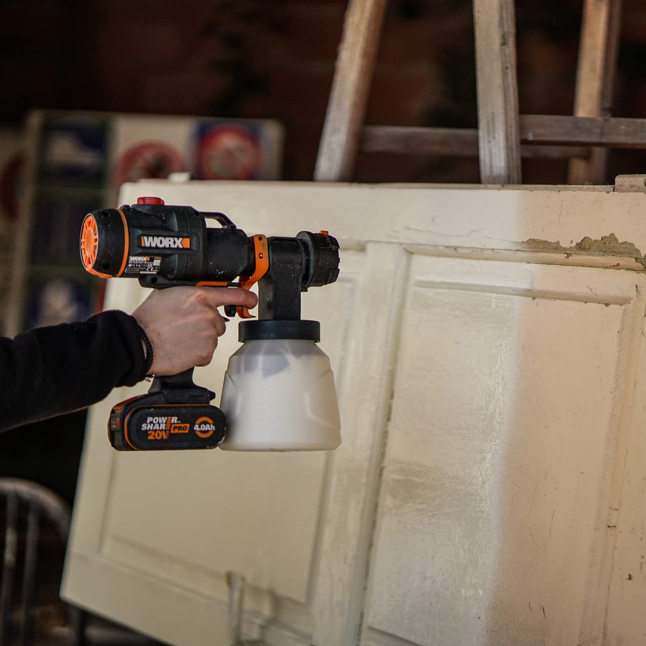 WORX WX020.9 Pistola Pulverizadora de Pintura 20V Brushless 20KPa Sin Batería, Boquillas Múltiples para Paredes, Muebles y Exteriores, Tecnología HVLP