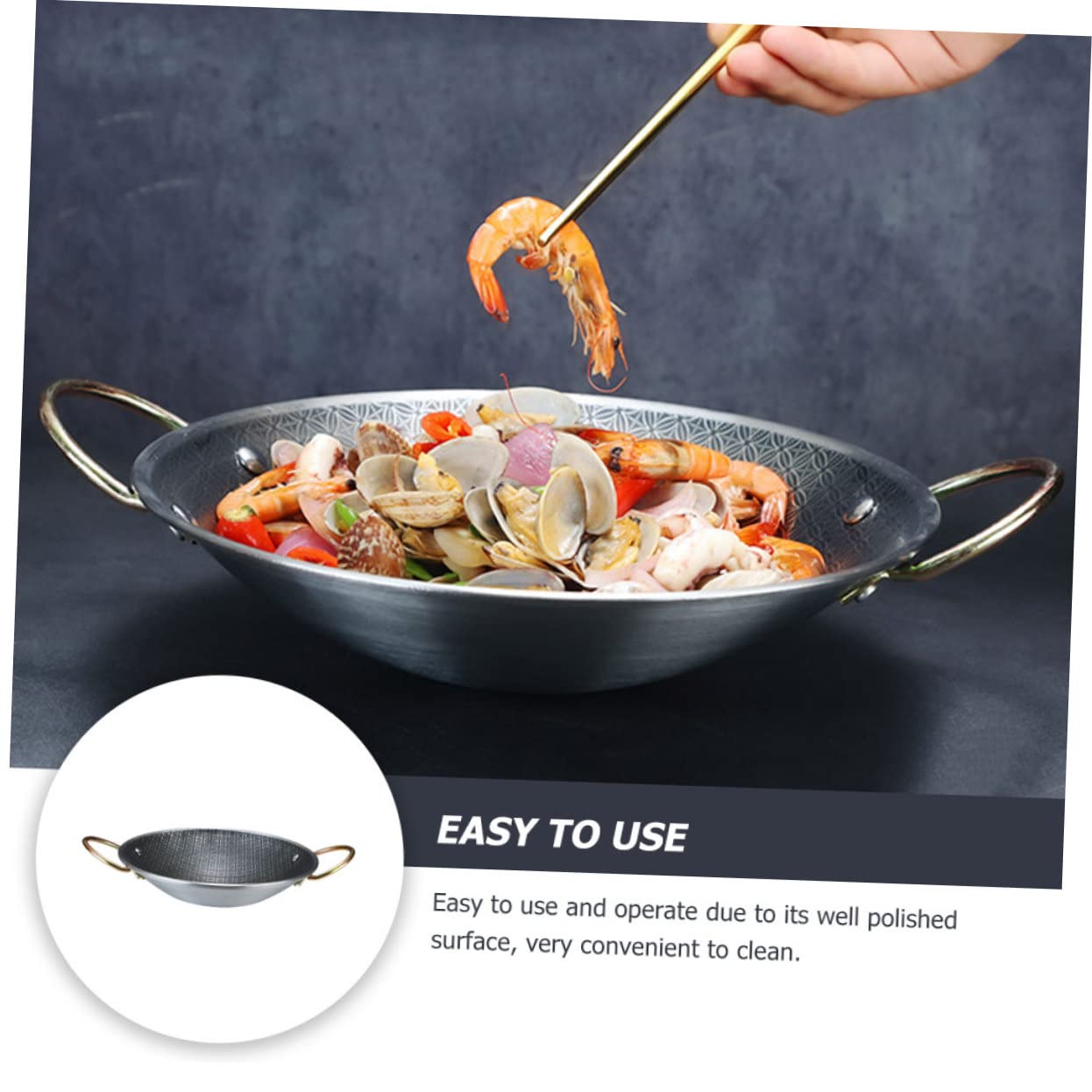 DECHOUS Padella Paella in Acciaio Inox Doppio Manico, Vaschetta | Resistente All'usura, Facile Pulire e Appendere, Adatta per Cucina Domestica e Locale Hot Pot