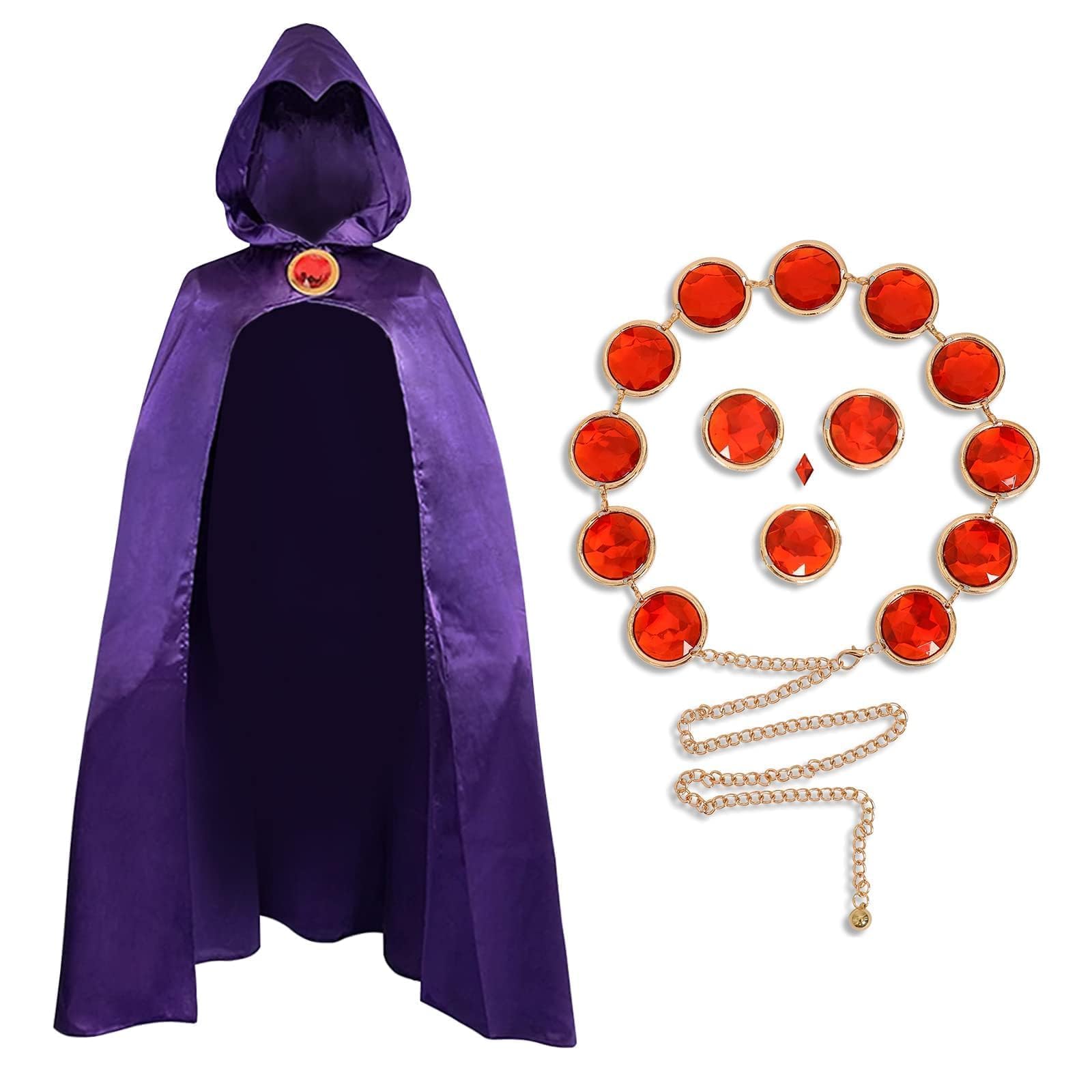 Lyxaof Adult Raven Costume Purple Hooded Cloak with Red Gem Waist Belt Halloween Carnival Party Dress Up Outfit for Women