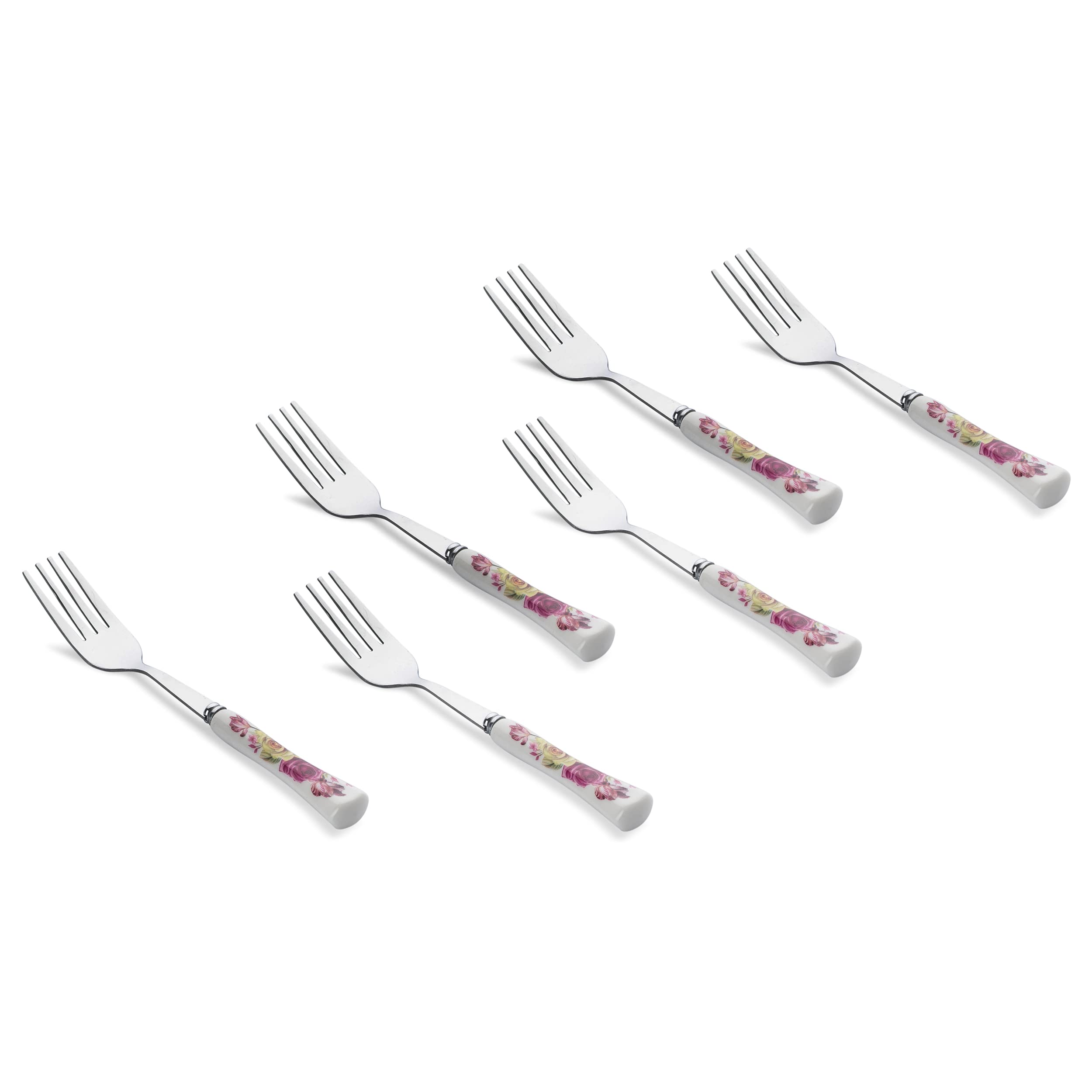 MGeezz 6pc Floral Stainless Steel Forks Set with Ceramic Handle (15cm)