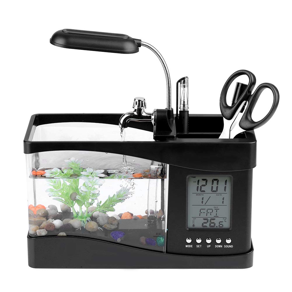 Mini Aquarium USB Aufladbar Multifunktional mit Uhr LED Light Pen Container für Haus Büro (Schwarz)