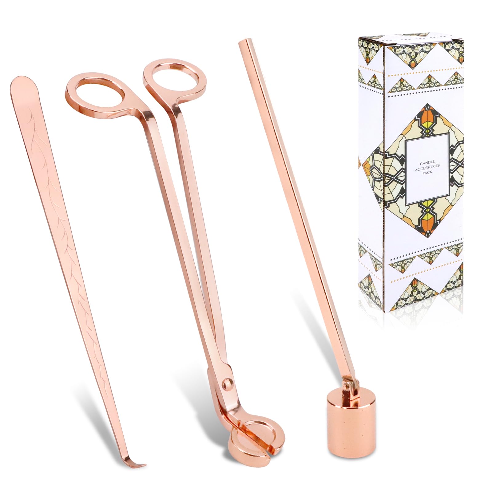Spegnicandele Set Accessori per Candele in Acciaio Inox 3 in 1, Taglia Stoppino Candele, Spegni Candela, Estinguere Gancio Candela con Pacchetto Regalo per Gli Amanti delle Candele
