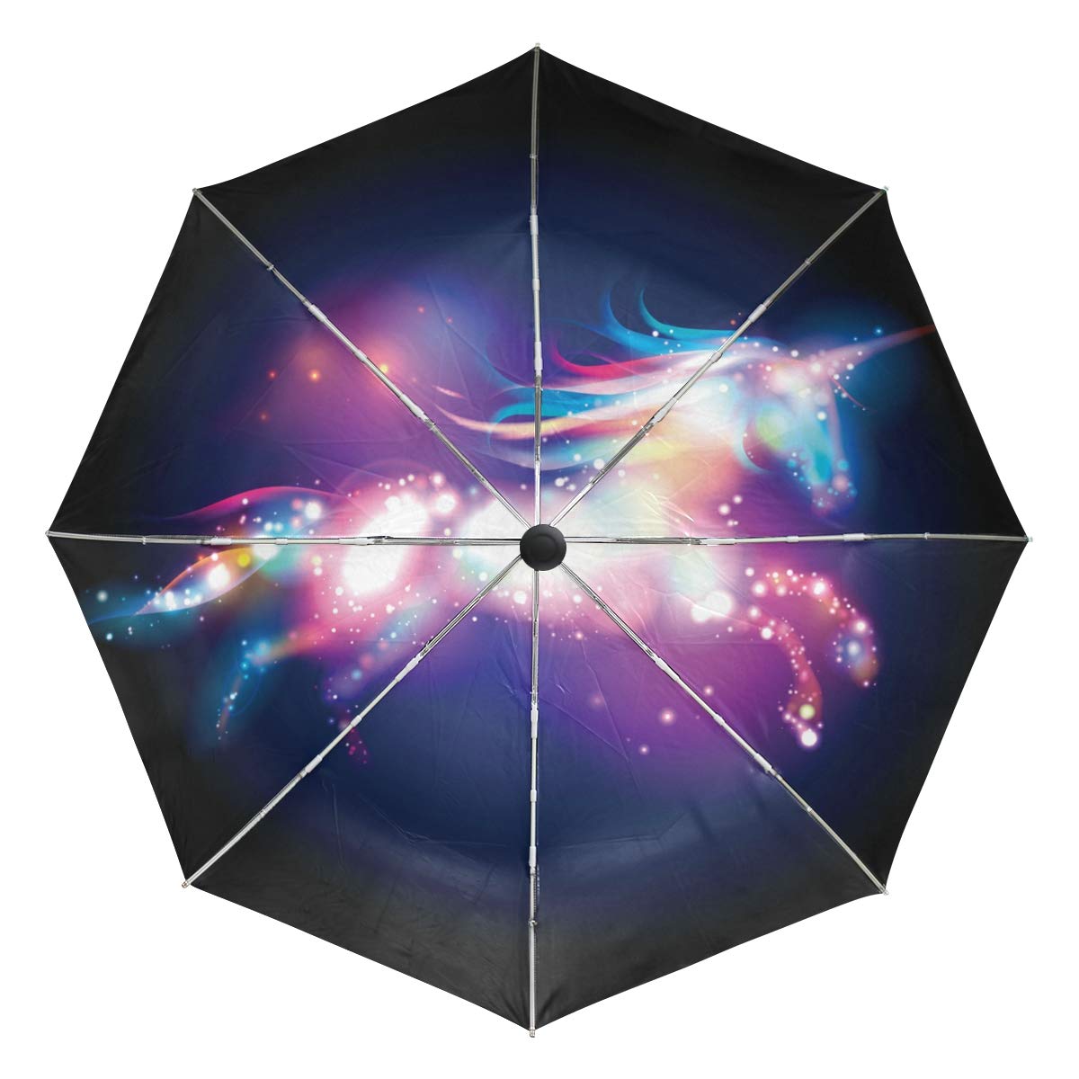 FenderRainbow Unicorn Magic Galaxy Automatic Umbrella,Windproof Waterproof UV Protection Animal Colorful Purple Light Star Compact Travel Umbrella - 3 Folds Auto Open/Close Button Sun&Rain Car Umbrella