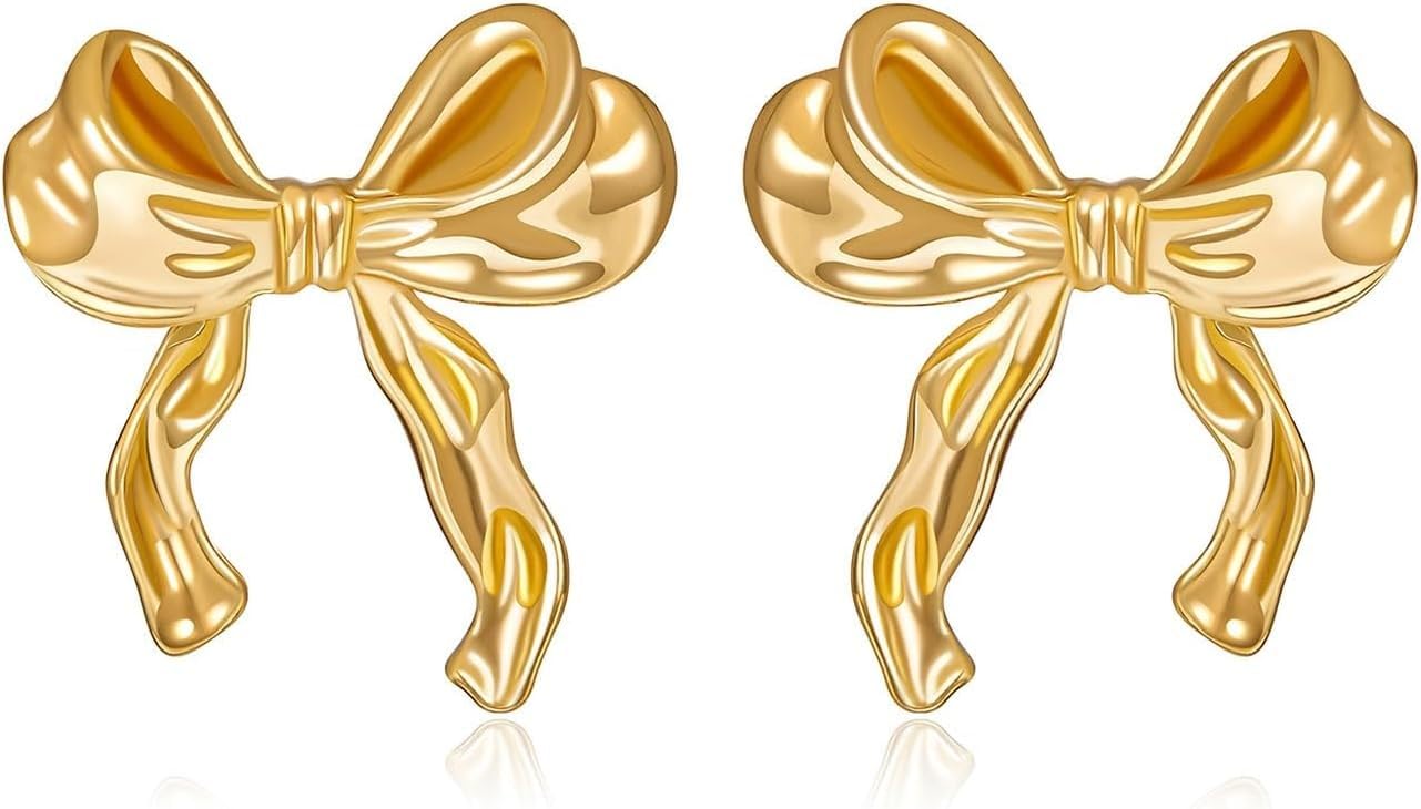Bow Earrings for Women Gold Drop Earrings Chunky Gold Earrings 925 silver Bow Ribbon Stud Earrings Hypoallergenic Drop Earrings Dangle Statement Earrings Sparkling Earrings for Women Gift