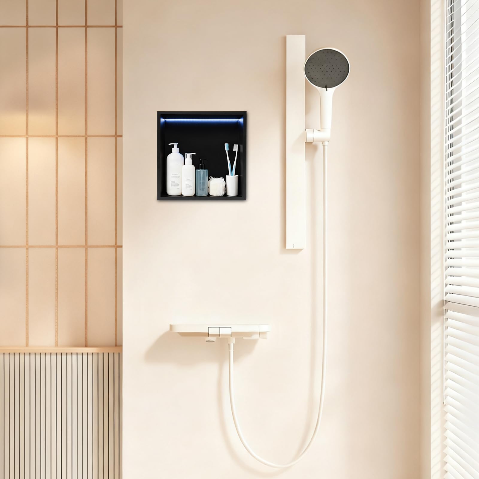 Edelstahl Wandnische mit RGB LED Beleuchtung, 304, Schwarz | Unterputz Wandnische mit RGB LED Beleuchtung und 91,5° Gefälle für Badezimmer und Dusche–inklusive Fernbedienung und Netzteil
