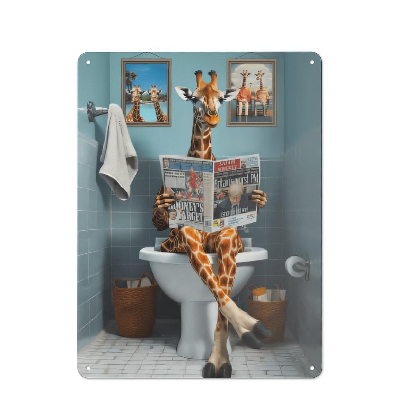 Junmoney Style-22 Retro Metal Wall Sign 40X30cm With Giraffe Reading Newspaper In Bathroom For Bar Or Restaurant, Gift Idea For A New Home And Metal Sign Collection