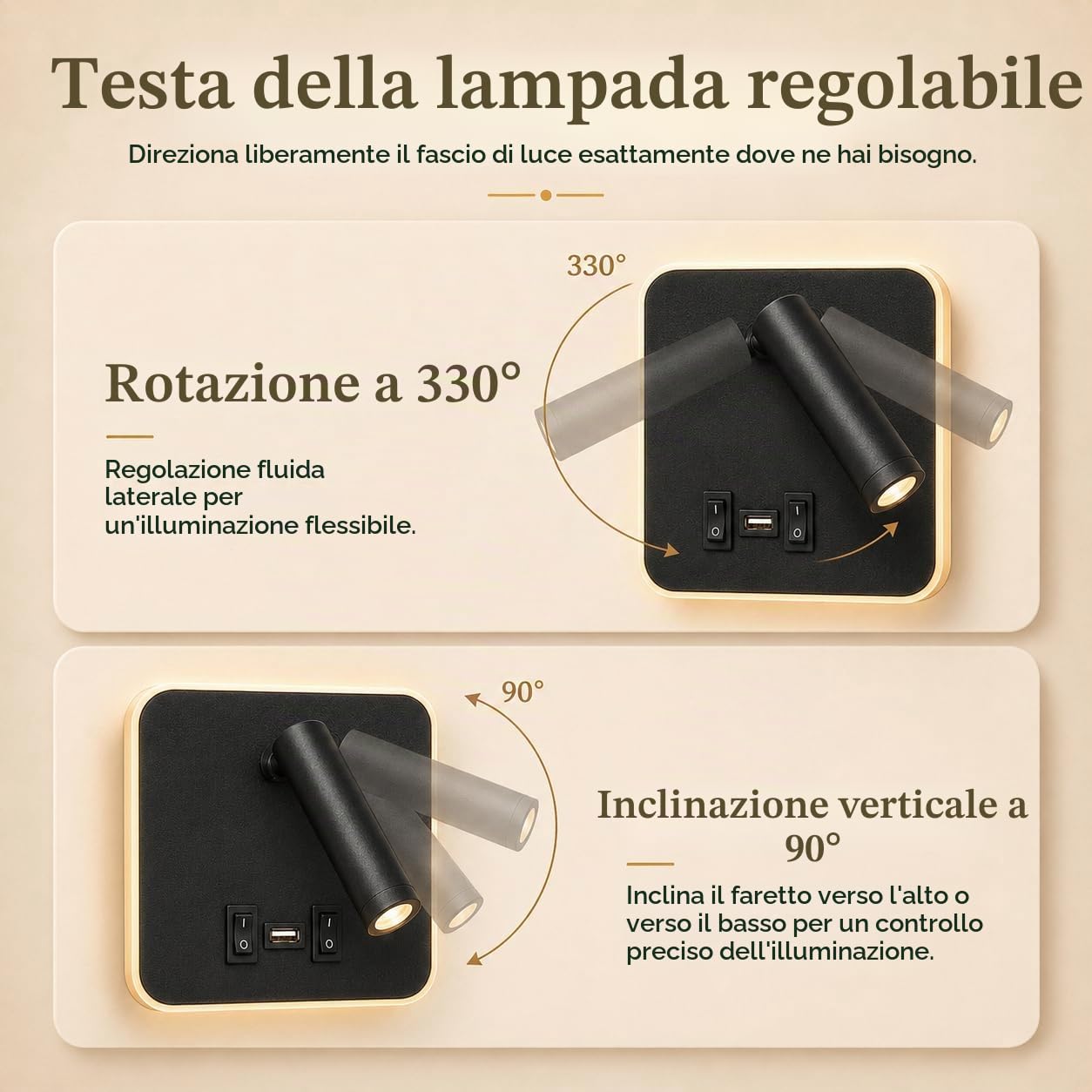 2Pcs Lampada da Parete LED, Applique da Parete Interno, Lampada da Lettura da Comodino con Porta di Ricarica USB e Interruttore, Regolabile a 360° Luce da Lettura per Camera da Letto Soggiorno