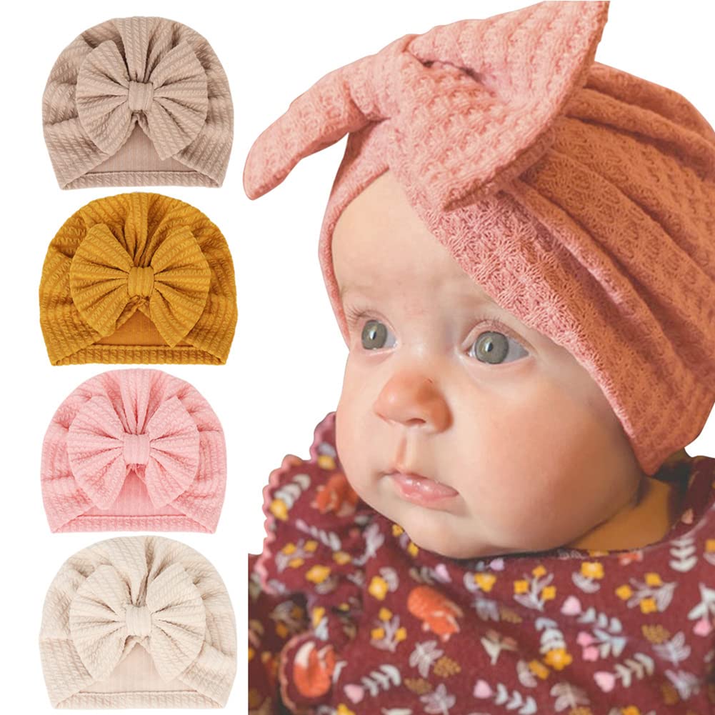 Katutude Baby Turban Hats Winter Cotton Baby Head Wraps Hat, Baby Girls Hat Bows Turban Cap for Baby Girls Toddlers Newborns Infants, 18cm x 16cm/Light Brown