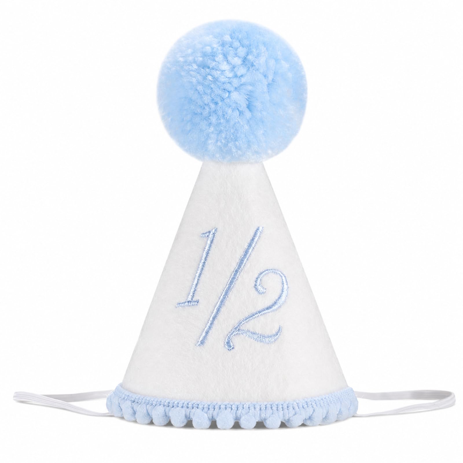 Aurelx Half Birthday Hat, Boho 1/2 Birthday Hat for Boys and Girls, Blue Kids Party Hats with Elastic Rope and Pom Poms, Birthday Party Decorations