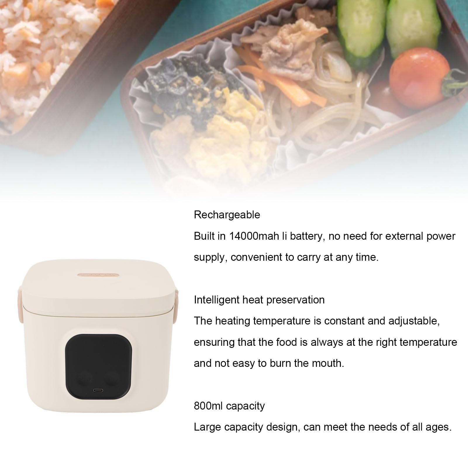 Riscaldatore Alimentare Elettrico per il Cibo con Batteria da 14000 MAh LI Incorporata, 304 Contenitore in Acciaio Inossidabile 800 Ml di Grande capacità, Semplificando la