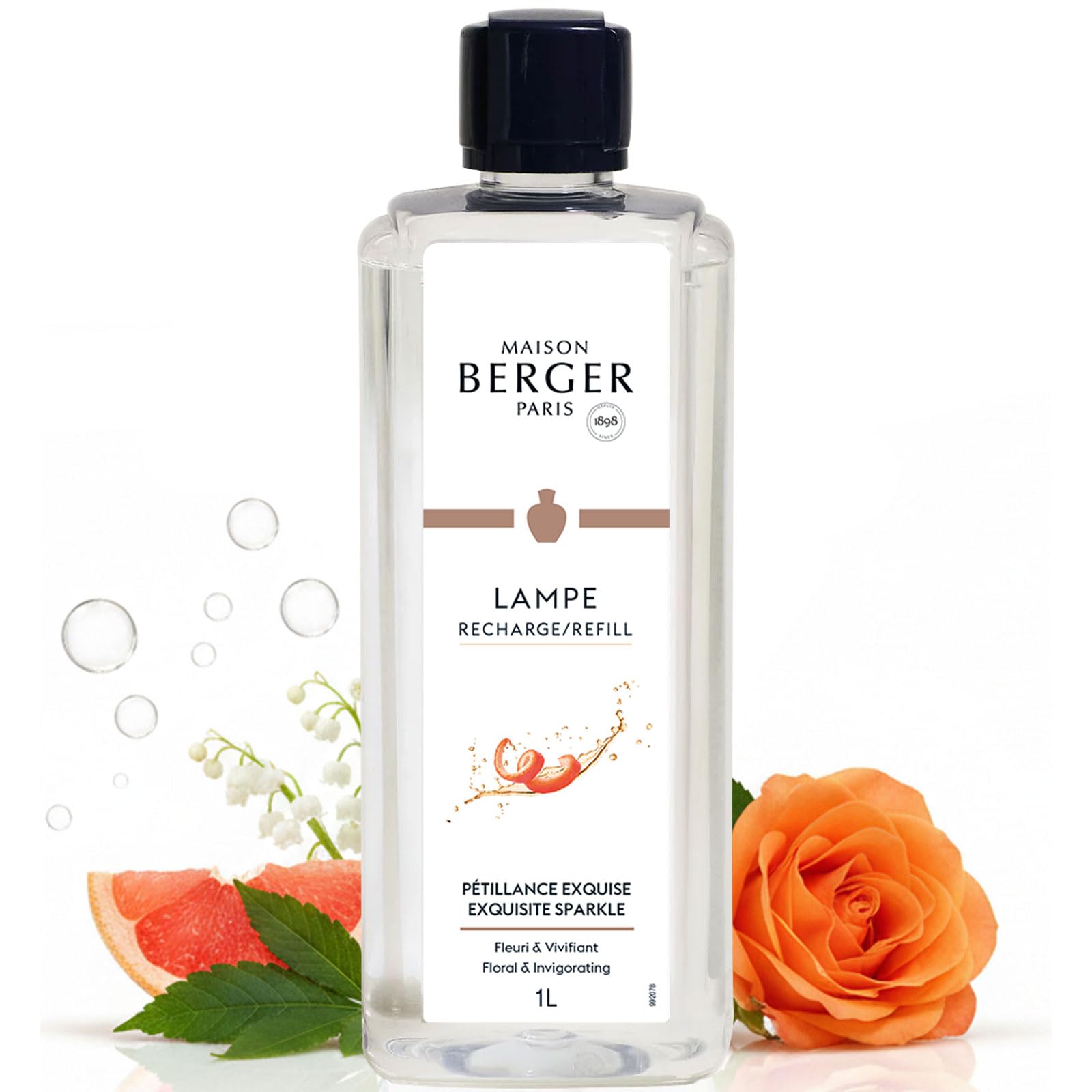 Exquisite Sparkle Lampe Berger Refill, 1 Liter (33.8 fl oz), 2-in-1 Catalytic System, Neutralizes Odors and Diffuses Fragrance, Grapefruit, Rose, Made in France