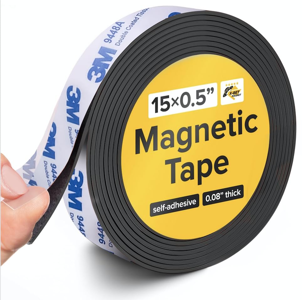 Super Sticky Magnetic Tape (15 feet x 1/2 inch) - Stong Magnet Strip with Adhesive Backing for DIY & Crafts - Easy to Cut and Mount on Fridges, Whiteboards & More