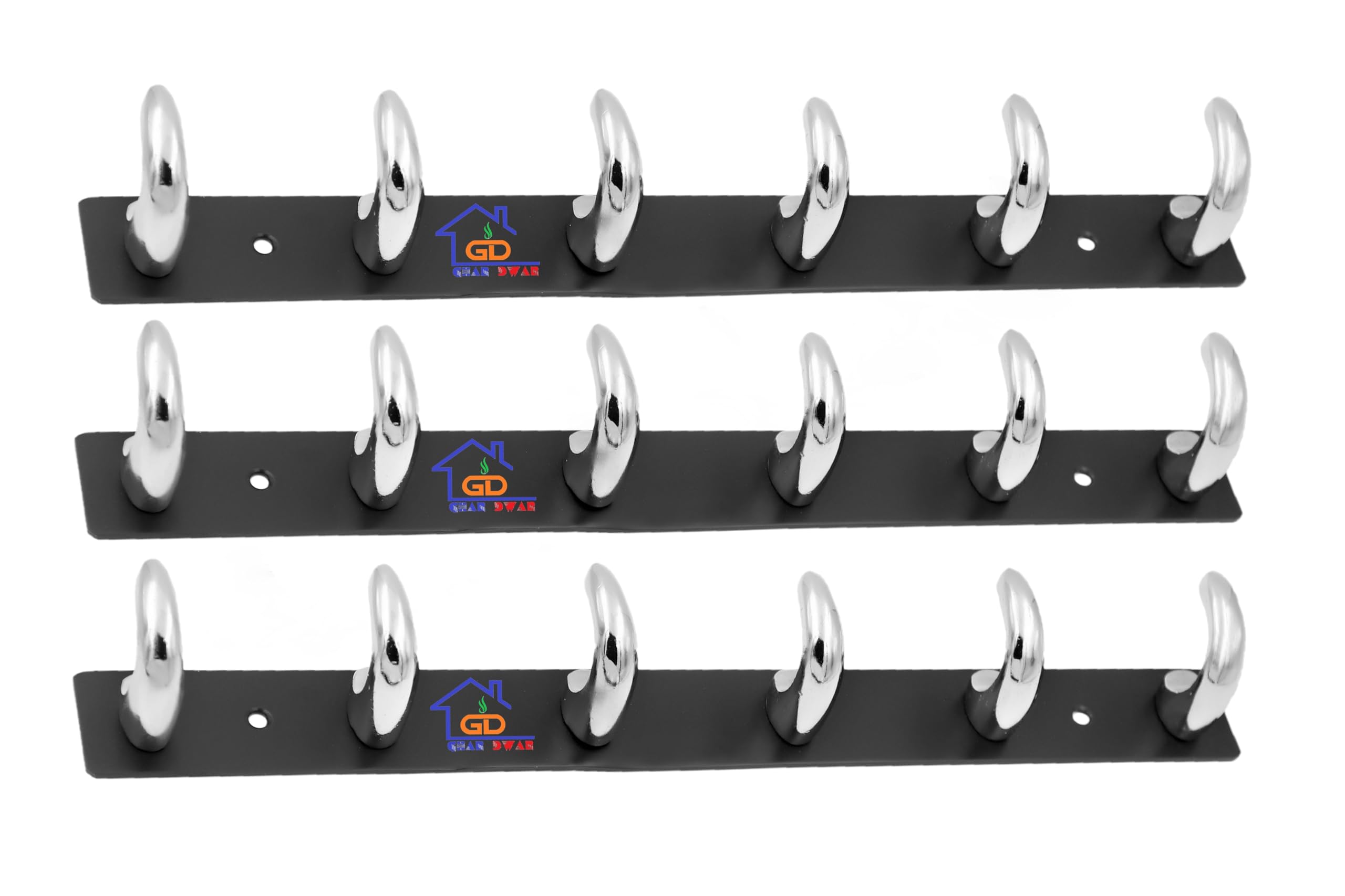 GHAR DWAR Ghardwar Stainless Steel Shine 6 Pin Cloth Hanger Wall Hook Rail for Hanging Clothes, Towel Hook Bathroom Wall Door Hooks Rail for Hanging Keys,Towel (Pack of 3, Silver & Black) (B0BHHK2QZF) Amazon Price History, Amazon Price Tracker