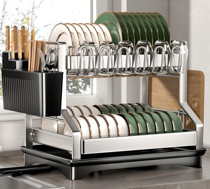 SerkaHome Estante Escurridor de Platos 2 Niveles Acero Inoxidable 304, Escurreplatos Cocina para Fregadero (42 x 29 x 35cm), Organizador de Cocina, Gran Capacidad, Resistente a la Corrosión y al Óxido