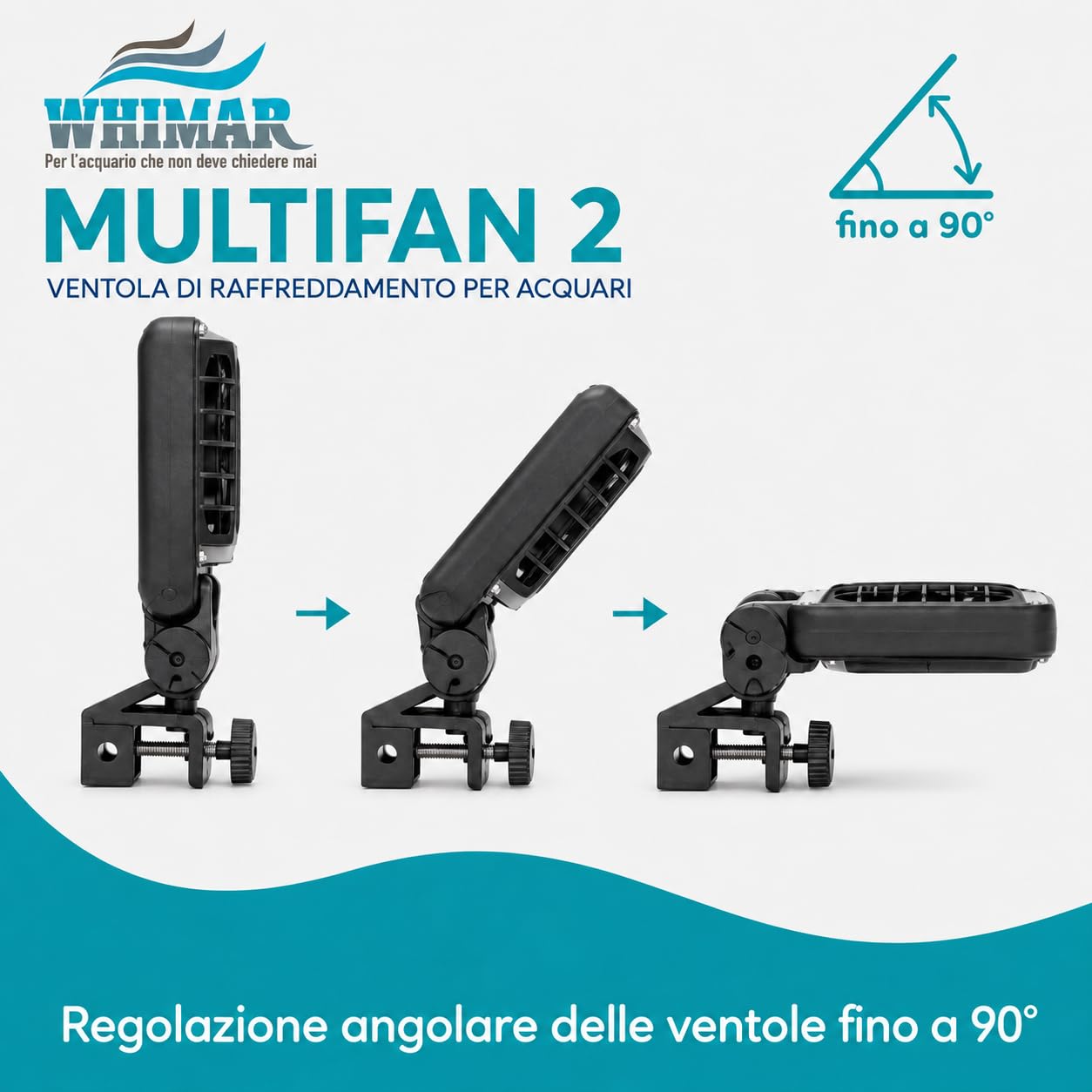 Whimar MultiFan 2 Ventola di Raffreddamento per Acquario, 2 Ventole 12V, Basso Consumo 1,9W, Silenziosa <40 Db, per Acquari 40-80 Litri, Supporto Regolabile per Vetro Fino a 20 mm