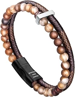 Murtoo Mens Bead Leather Bracelet, Natural Bead, Steel and Leather Bracelet for Men Christmas Gift, 8 inches, Leather,