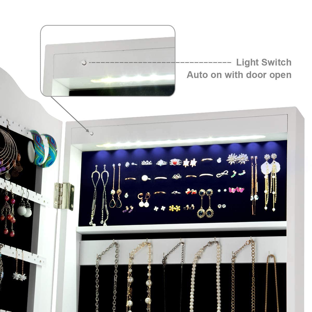 GIANTEX Armoire à Bijoux avec Miroir sur Pied Inclinable, Porte Bijoux avec 14 Lampes LED, Rangement Bijoux en Bois, pour Colliers pour Chambre, Salle de Bain (Blanc)