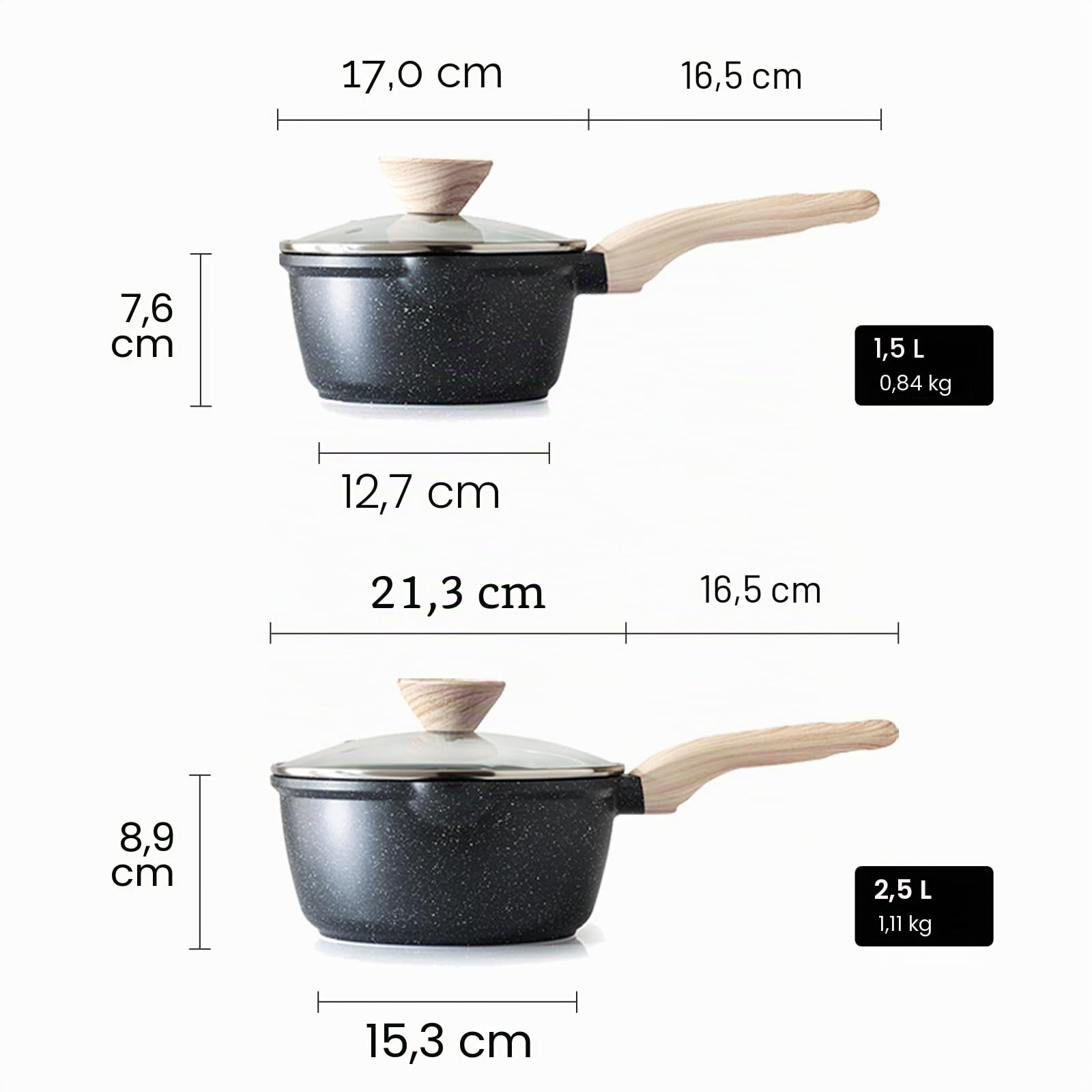 Kordisen Cacerolas con tapa, de 16 cm y 20 cm, con revestimiento de granito, doble boquilla para verter, fáciles de limpiar, aptas para cocinas de inducción - Ideales para cocinas pequeñas (Negro)