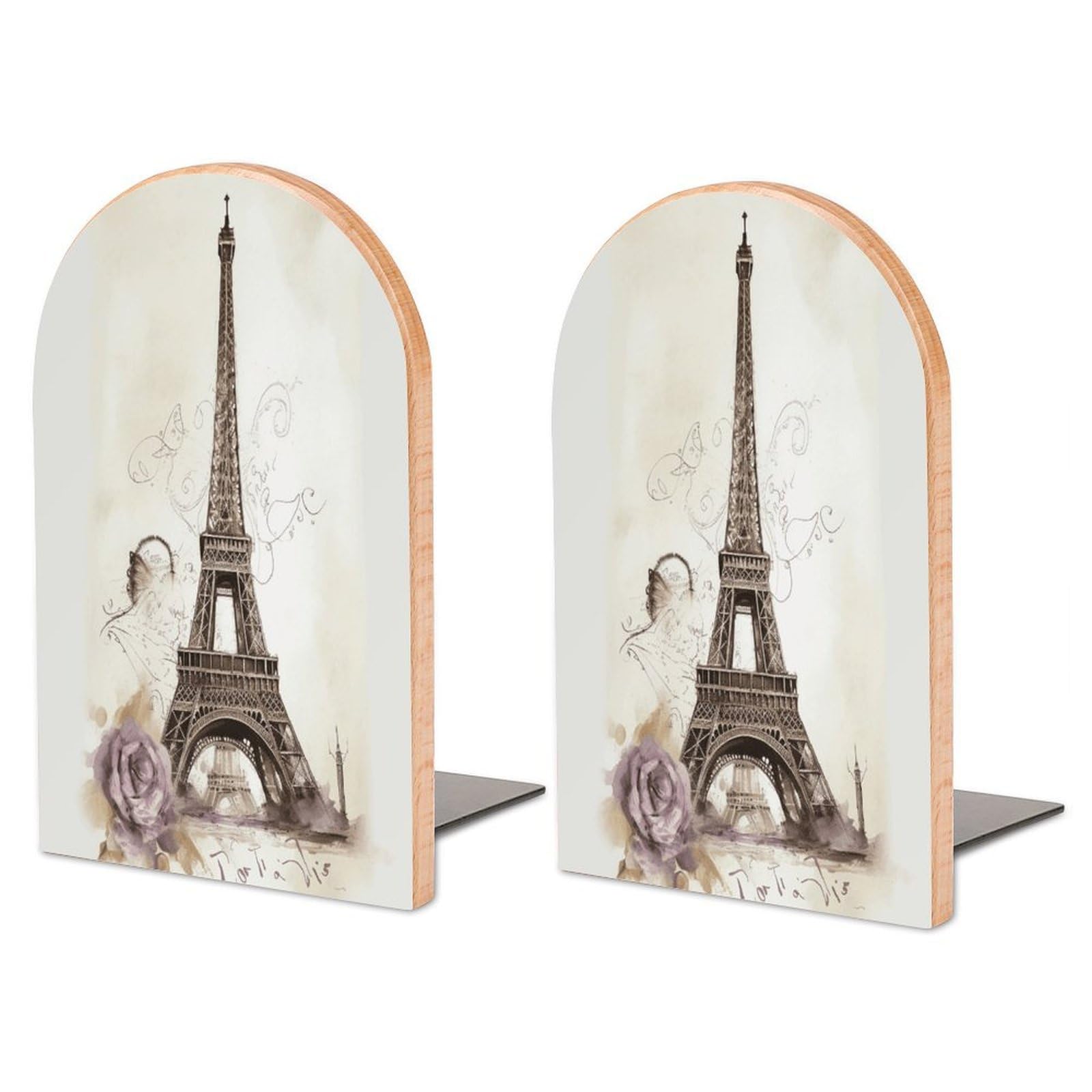 Eiffel Tower Bookend for Shelves Wooden Book End Large Size Sturdy Book Holders Stoppers with Metal Base for Bookshelves Slick Decorative Bookends Stands
