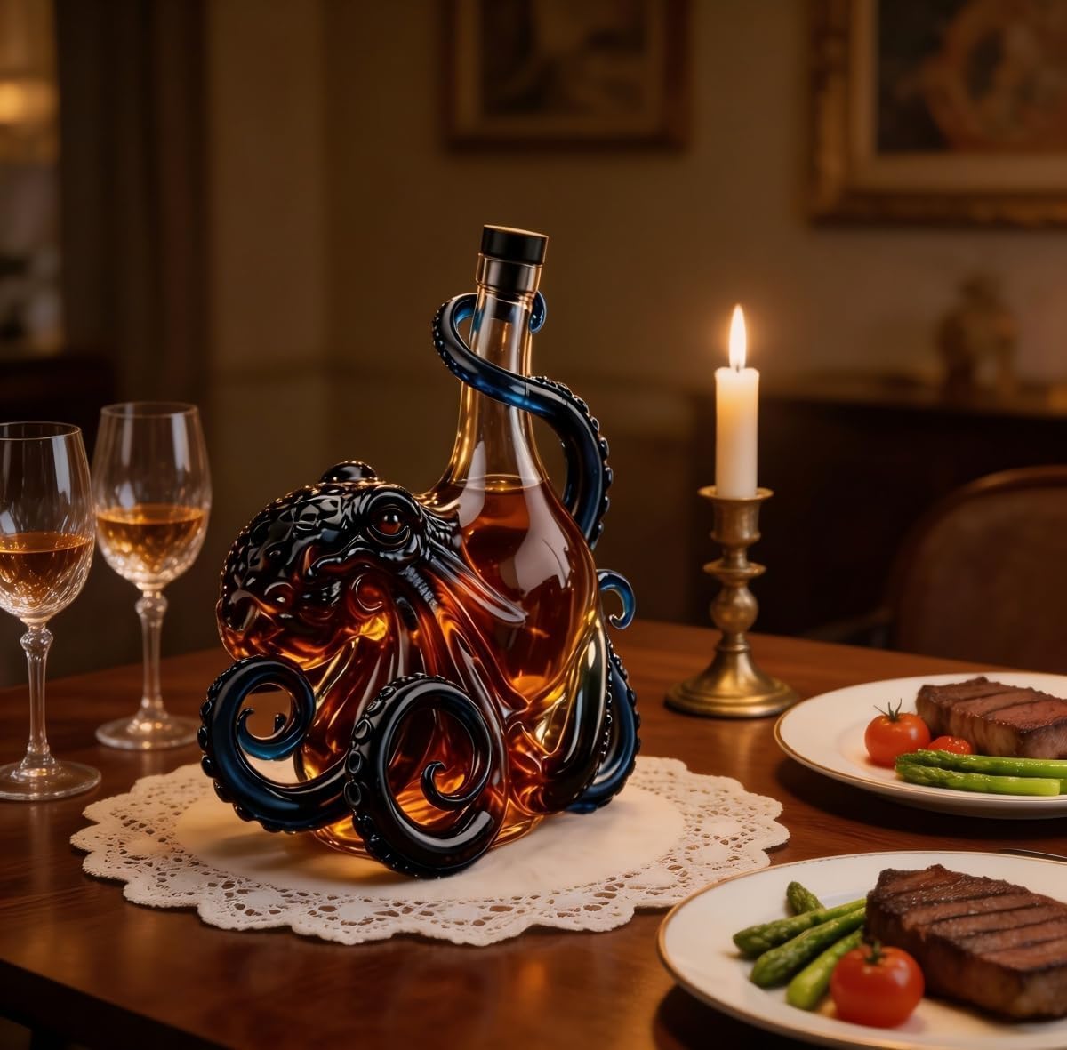 3D-Oktopus-Glasdekanter, 350 ml, nautische Kunstflasche, geformter Tiefsee-Displayhalter für Wein, Whiskey, Likör, Limonade, einzigartige Sammleredition