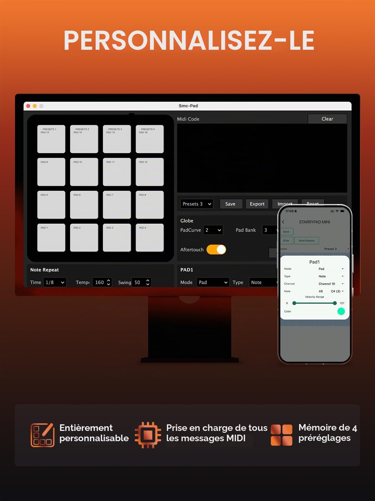 Donner Machine à Rythmes STARRYPAD MINI avec 16 Pads Rythmiques, Mini-Pad MIDI Portable, Répétition de Notes et Logiciel de Production Musicale inclus, Boîte à Rythmes avec 40 Pistes.