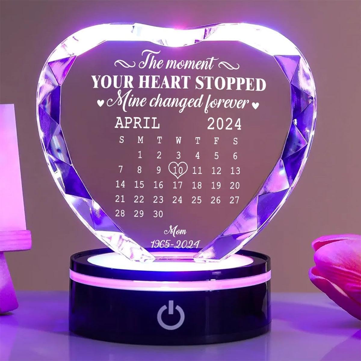 Personalized Memorial Crystal LED Light – The Moment Your Heart Stopped Mine Changed Forever Custom Remembrance Gift for Loss of a Loved One