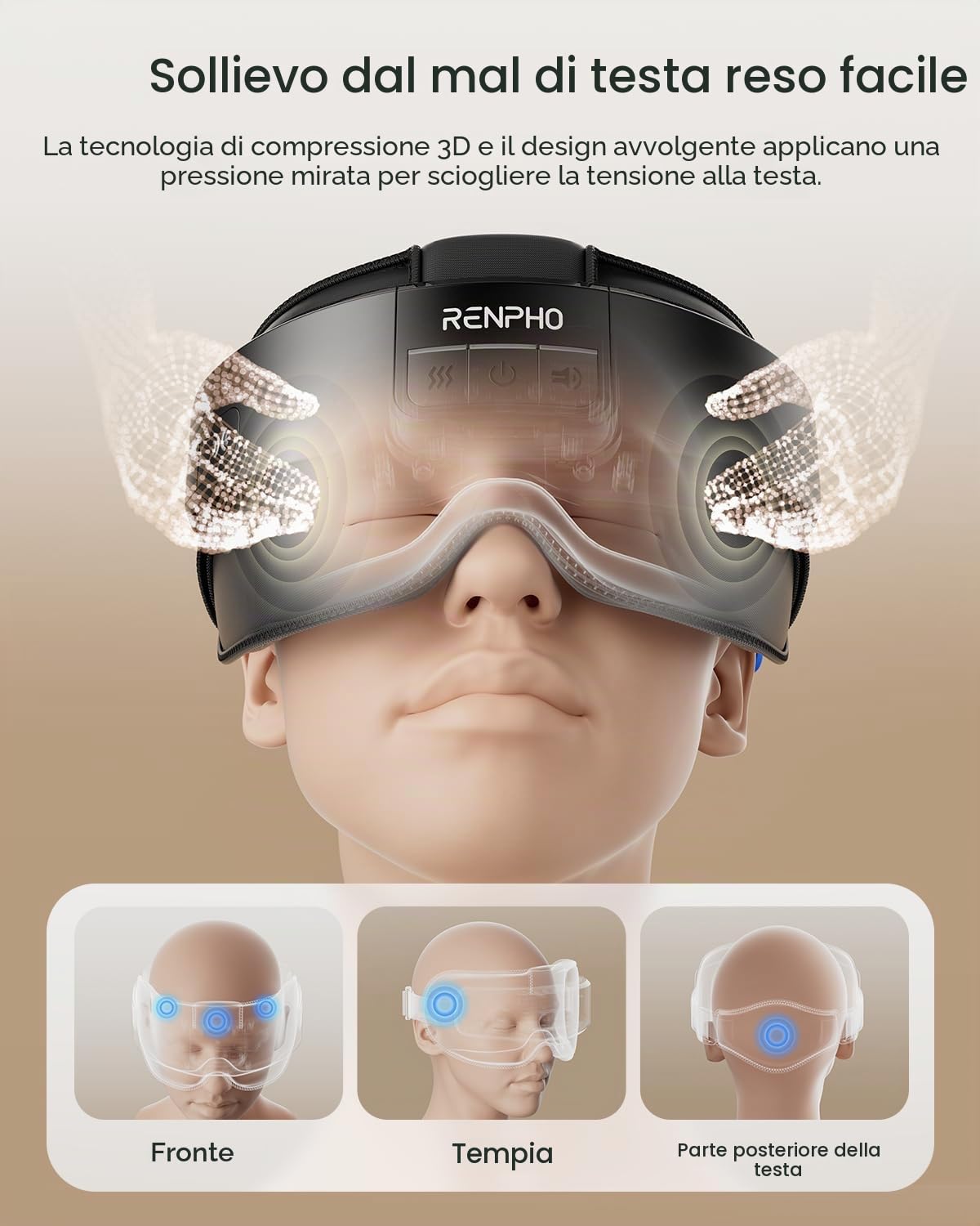 RENPHO Massaggiatore Occhi con Calore Bluetooth 3 Modi Maschera Testa Fronte Tempie Regalo Donna Uomo