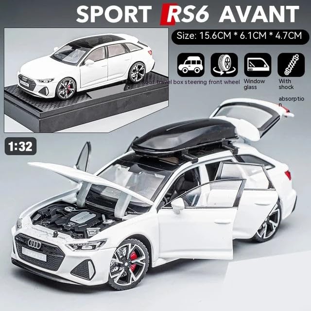 Image of Invite 1:32 Scale Audi RS6 Alloy Die-Cast Car Model with Door-Activated Light & Sound | Openable Doors, Hood & Trunk | Metal Toy Car for Kids & Collectors (White Color)
