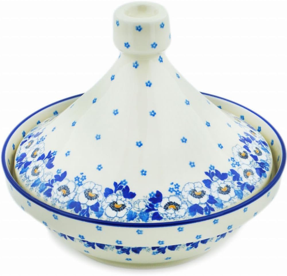 Polmedia Polish Pottery Tagine Pot - Blue Spring Pattern Handmade in Boleslawiec Poland by Ceramika Artystyczna + Certificate of Authenticity