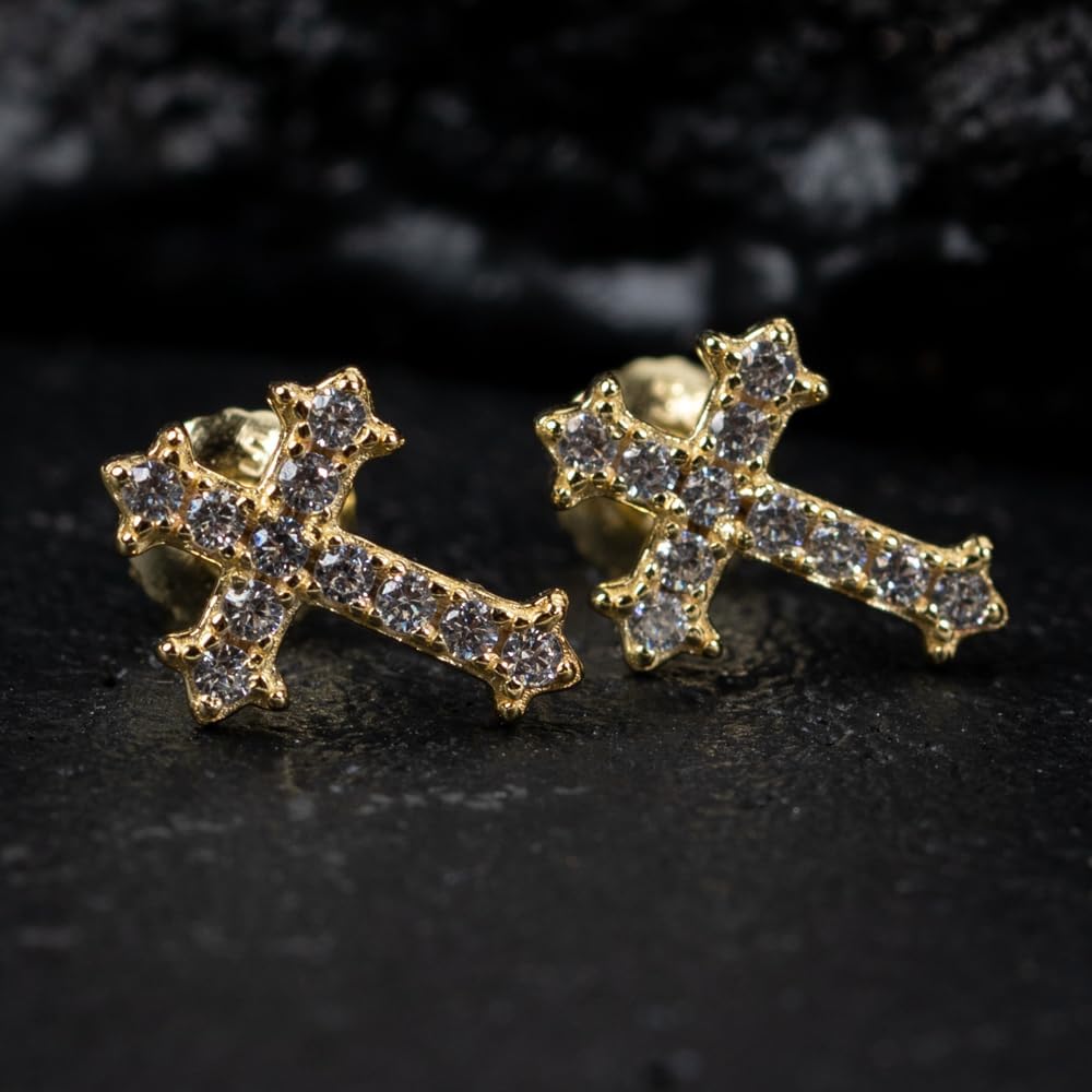 Small Mens Women's Prong Set Iced 5A Cz Hip Hop Yellow Gold 925 Sterling Silver Screw Back Post Hypoallergenic Crucifix Ice Out Cubic Zirconia Gothic Cross Stud Earrings - Image 3