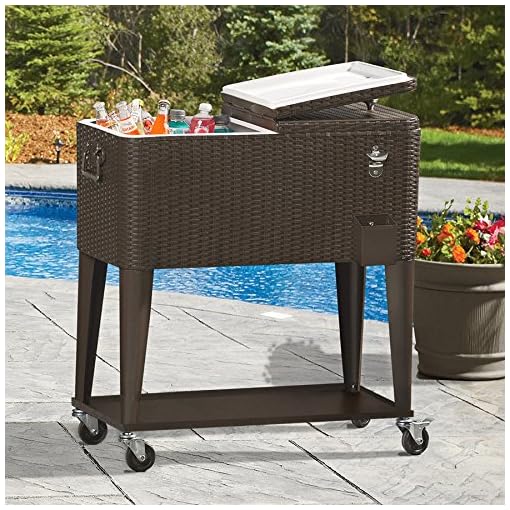 80 Quart Qt Rolling Cooler Ice Chest Cart for Outdoor Patio Deck Party, Dark Brown Wicker Faux Rattan Tub Trolley, Portable Backyard Party Drink Beverage Bar, Wheels with Shelf & Bottle Opener - Image 3