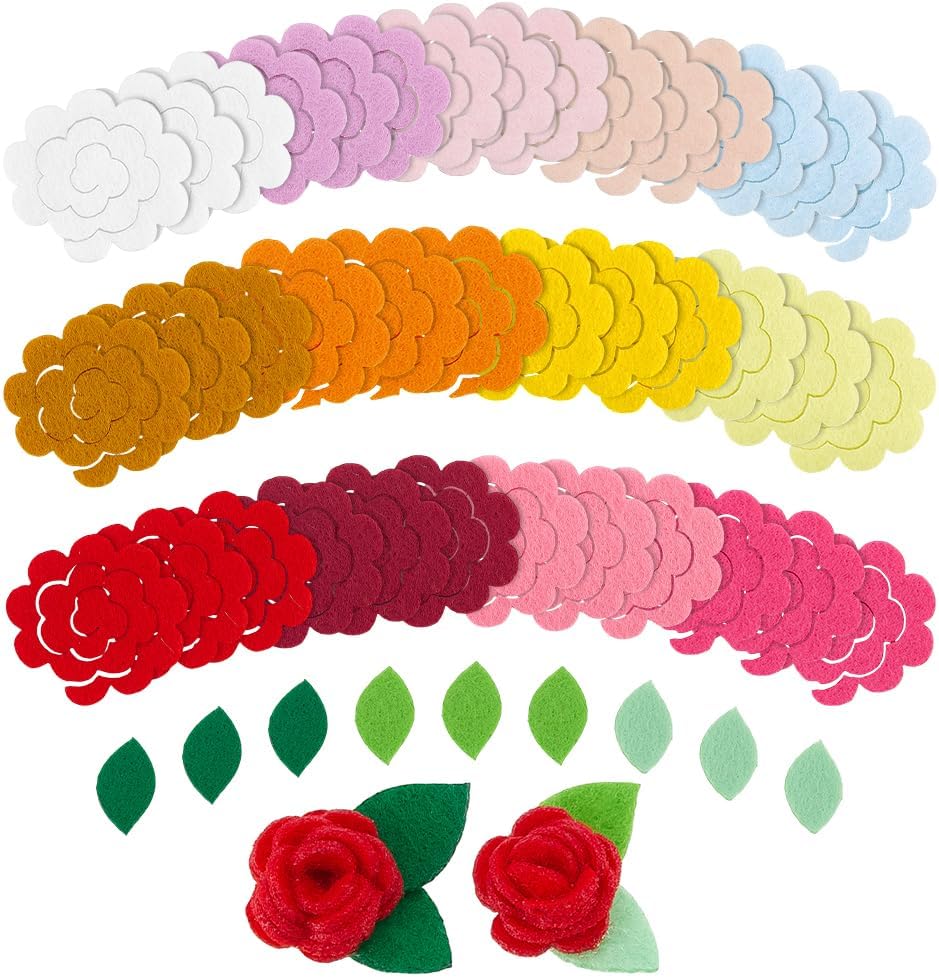 PH PandaHall 57PCS Felt Flowers Fabric, 16 Style 3D Roses Die Cut Applique Flowers Felt Leaf Patch Applique Flower Embellishments for Sewing Project Clothing Party Decoration Card Crafts