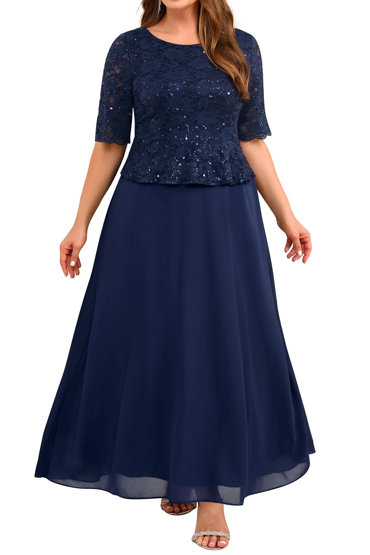 Plus Size Formal Dresses - Mother of The Bride Evening Gowns Wedding Guest Sequin Lace Bodice Long Dress Women