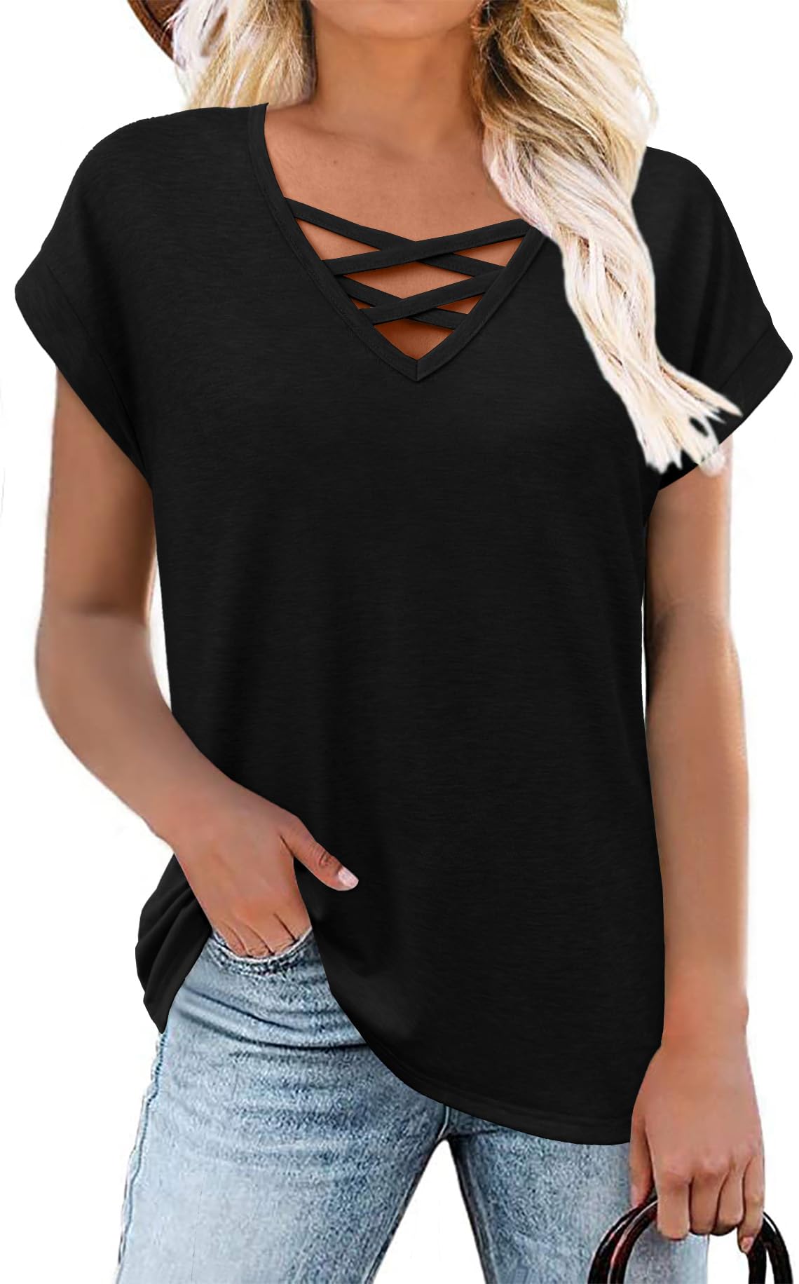 JomeDesign Womens Summer Tops Short Sleeve Shirts V Neck Tshirts Loose Casual Tunic Blouses Criss Cross Tees